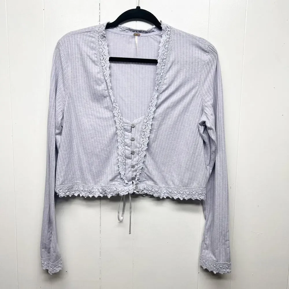 Free People Linen Blend Bohemian Cropped Lavender Women's Boxy Top Size Large